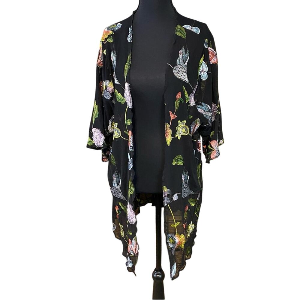 Honey punch black kimono w embroidered floral boho garden girl whimsigoth large